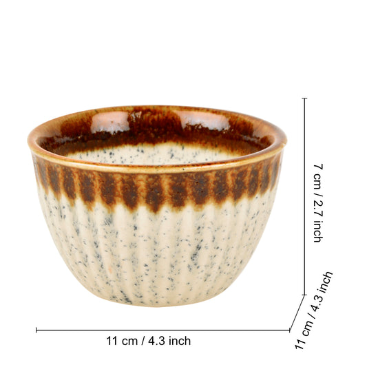 Studio Pottery Ribbed Ceramic Dining Bowls (Set of 4, 350 ml each, Off White & Brown) - View 2