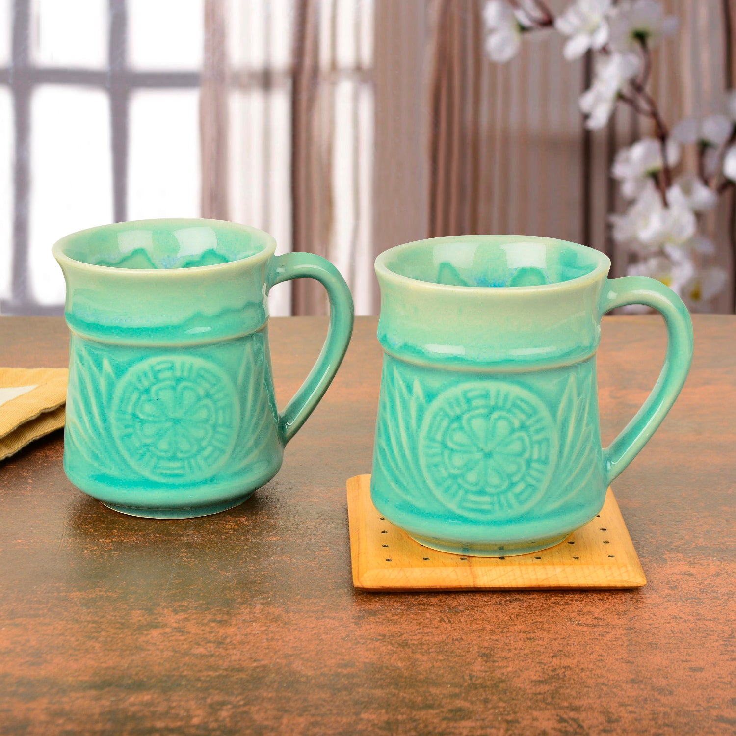 Studio Pottery Etched Ceramic Coffee Mugs (300 ml each, Set of 2, Turquoise)