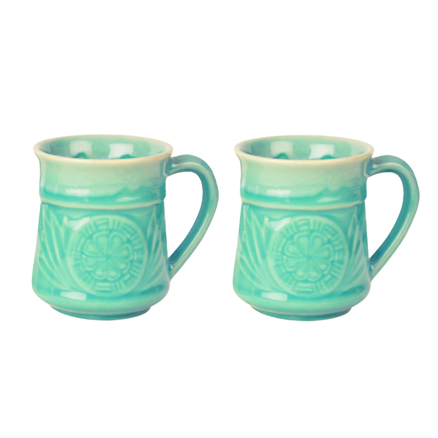 Studio Pottery Etched Ceramic Coffee Mugs (300 ml each, Set of 2, Turquoise) - View 3