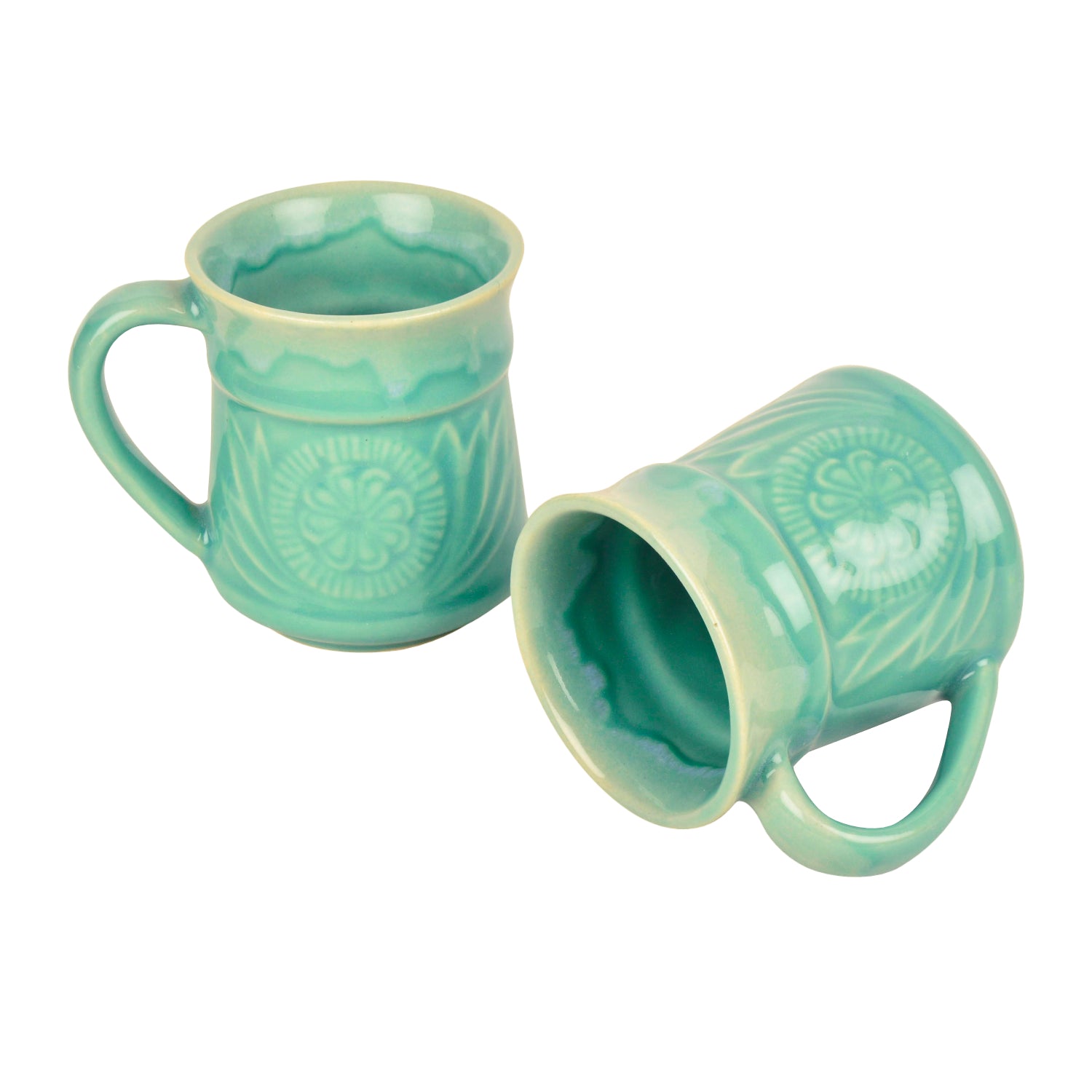 Studio Pottery Etched Ceramic Coffee Mugs (300 ml each, Set of 2, Turquoise) - View 4