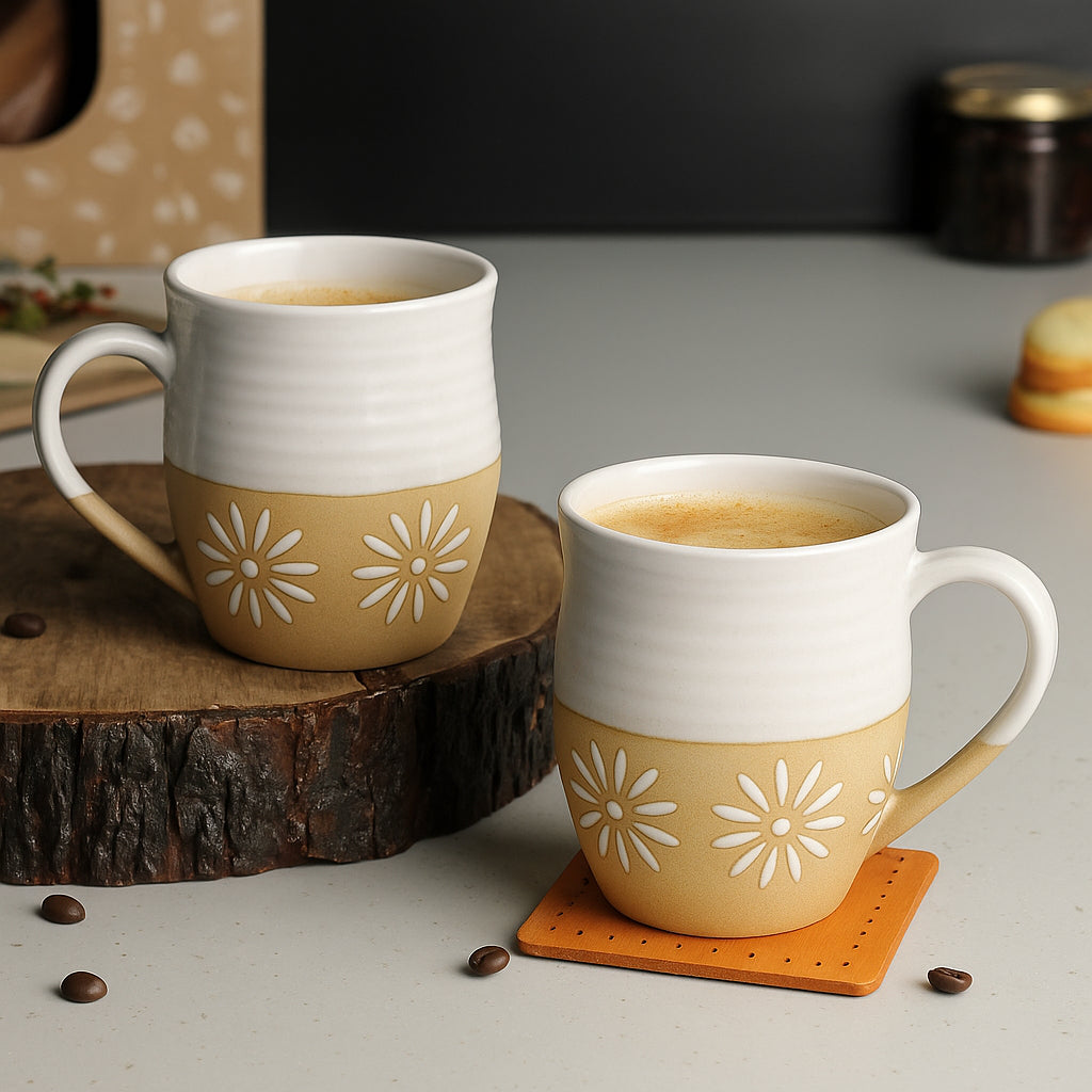 Dual Tone Studio Pottery Ceramic Coffee Mugs (350 ml each, Set of 2, Off White & Light Brown)
