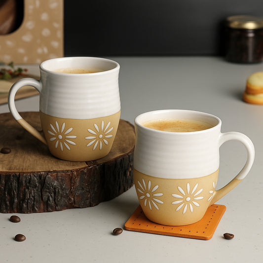 Dual Tone Studio Pottery Ceramic Coffee Mugs (350 ml each, Set of 2, Off White & Light Brown)