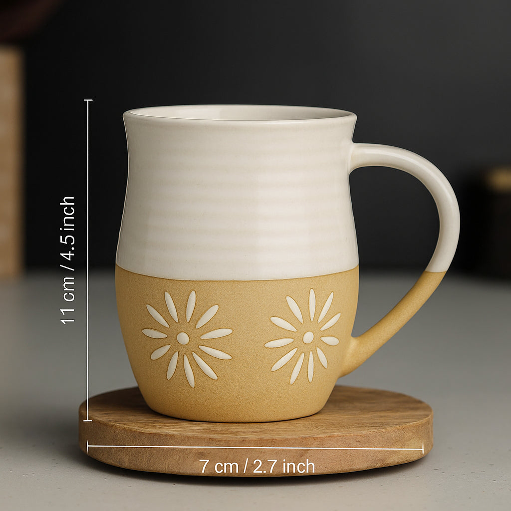 Dual Tone Studio Pottery Ceramic Coffee Mugs (350 ml each, Set of 2, Off White & Light Brown) - View 2