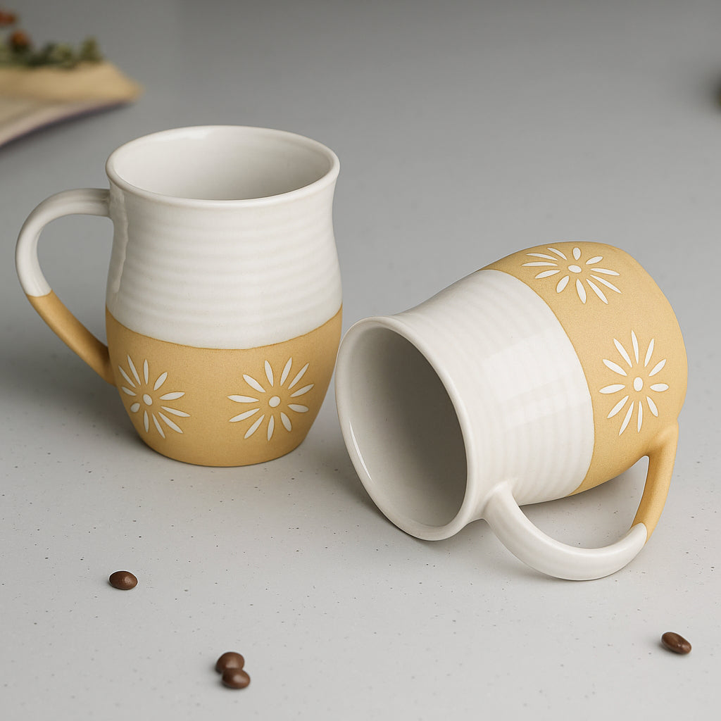 Dual Tone Studio Pottery Ceramic Coffee Mugs (350 ml each, Set of 2, Off White & Light Brown) - View 3
