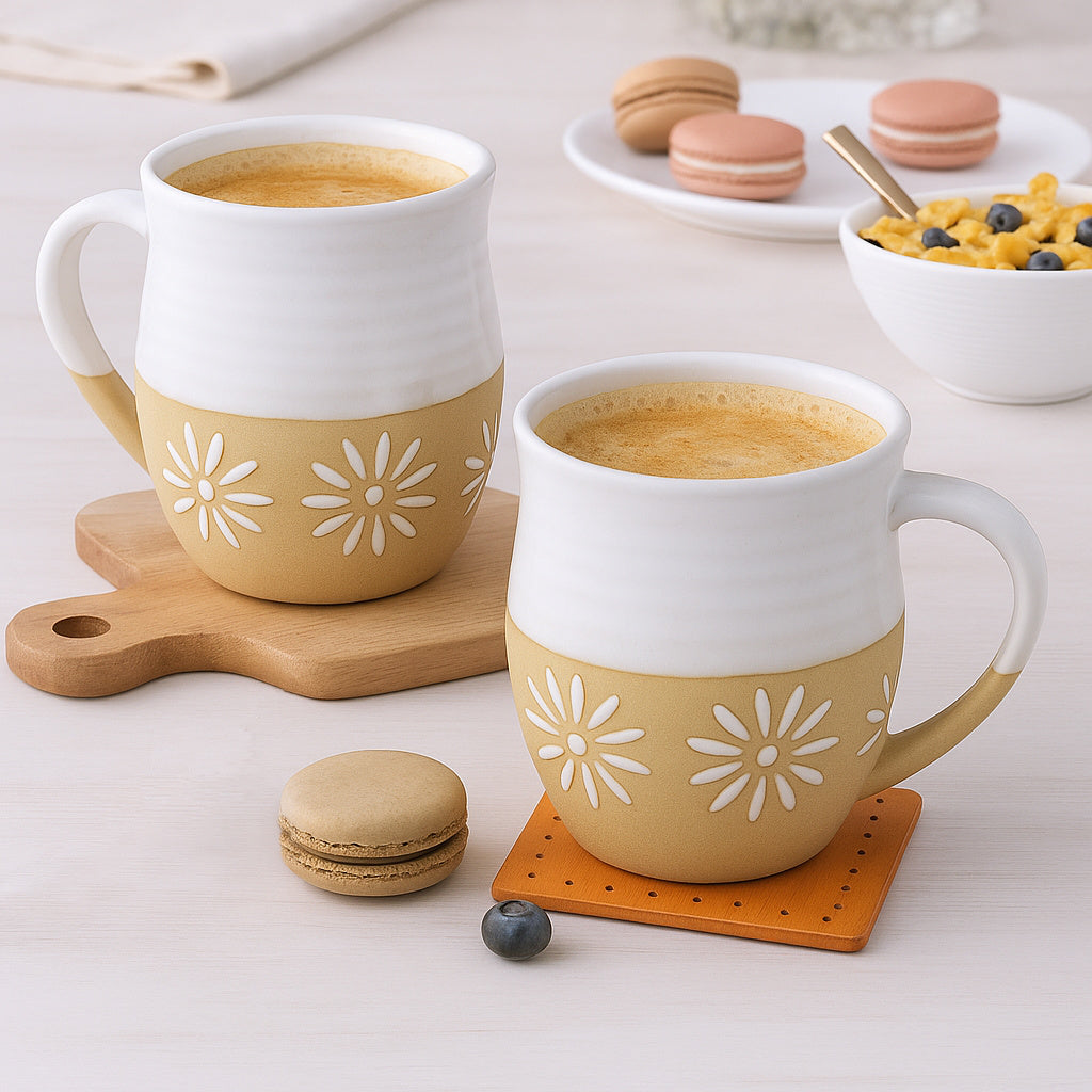 Dual Tone Studio Pottery Ceramic Coffee Mugs (350 ml each, Set of 2, Off White & Light Brown) - View 4