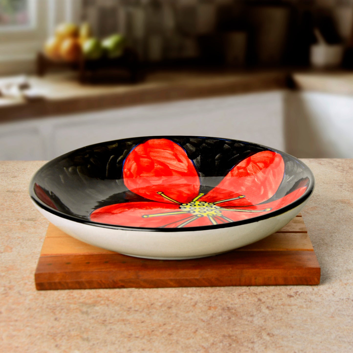 Hand Painted Chic and Sleek Ceramic Shallow Serving Bowl (8.5 icnhes , Red and Black) - View 3