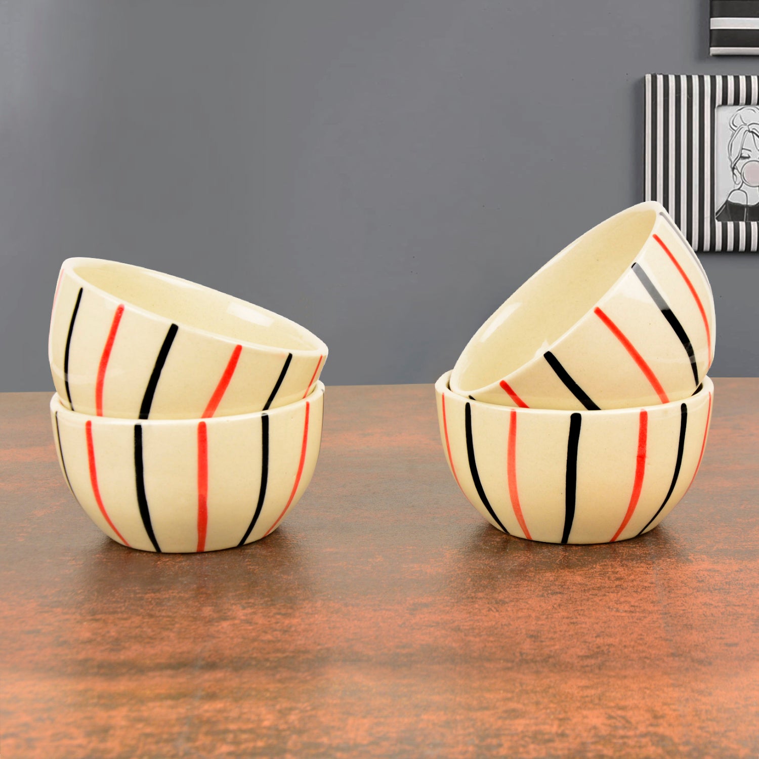 Studio Pottery Ceramic Striped Dinner Bowls (Set of 4, 350 ml each, Off White & Multicolor) - View 3
