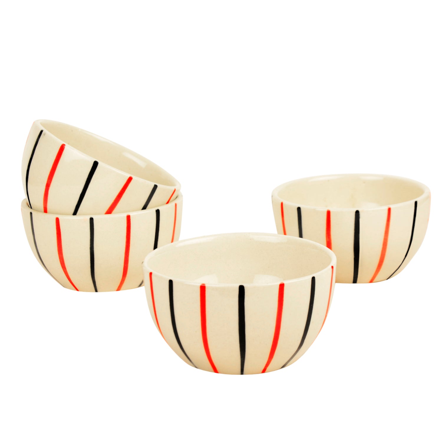 Studio Pottery Ceramic Striped Dinner Bowls (Set of 4, 350 ml each, Off White & Multicolor) - View 4