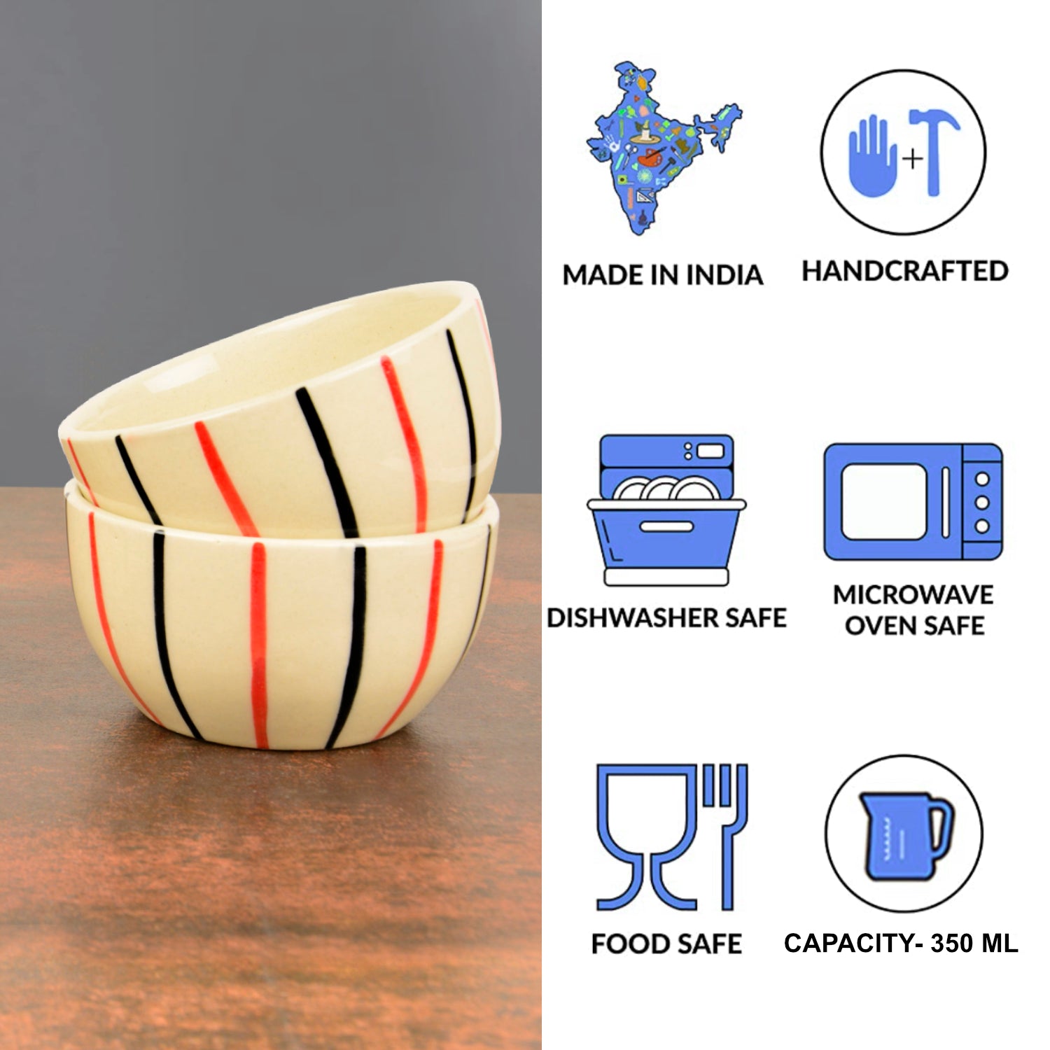 Studio Pottery Ceramic Striped Dinner Bowls (Set of 4, 350 ml each, Off White & Multicolor) - View 5