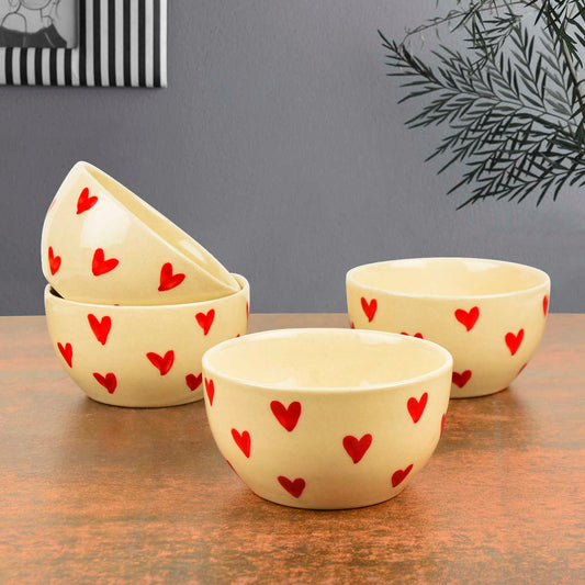 Hand painted Ceramic Dining Bowls (Set of 4, 350 ml each, Off White & Red)