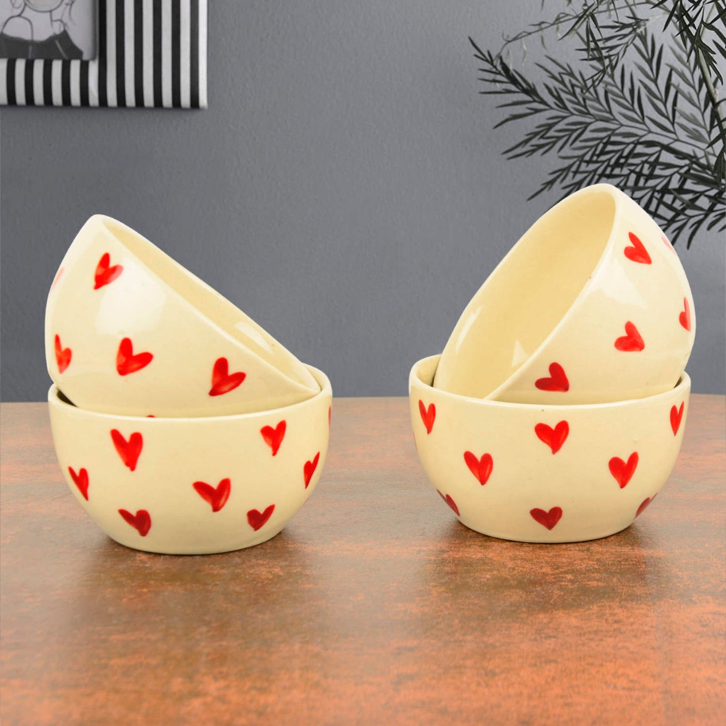 Hand painted Ceramic Dining Bowls (Set of 4, 350 ml each, Off White & Red) - View 3
