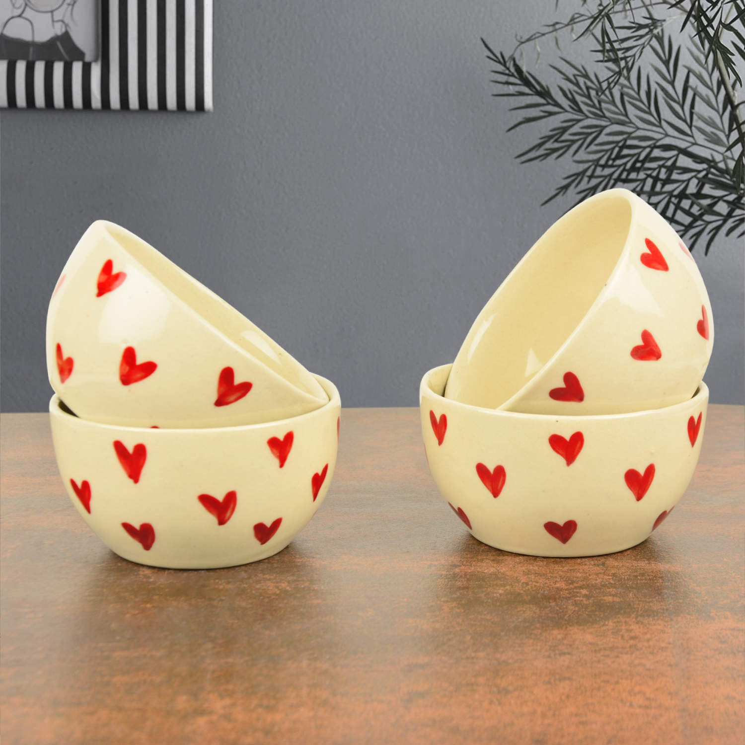 Hand painted Ceramic Dining Bowls (Set of 4, 350 ml each, Off White & Red) - View 3
