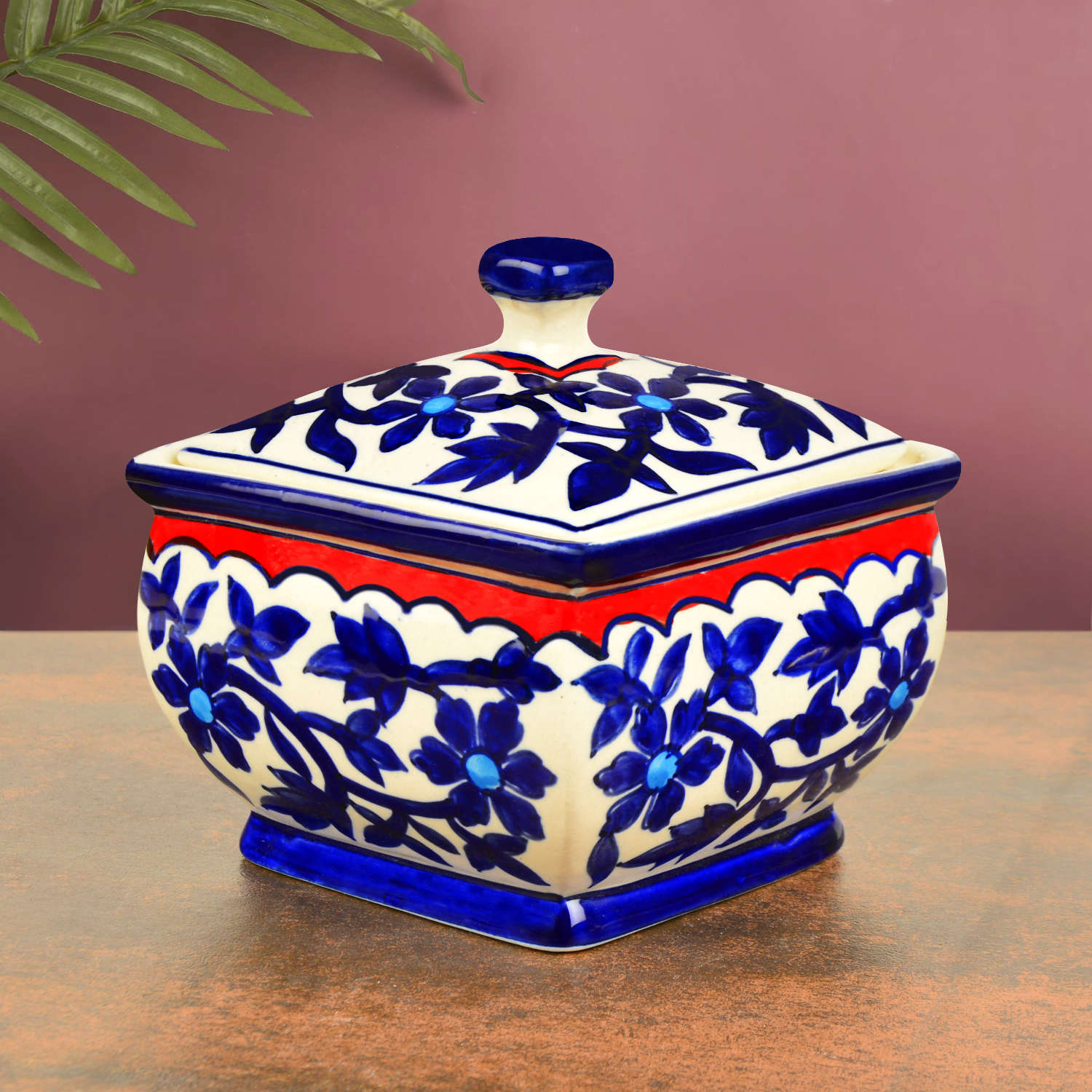 Hand Painted Ceramic Serving Donga with Lid (1200 ml, Blue Mughal Painting)