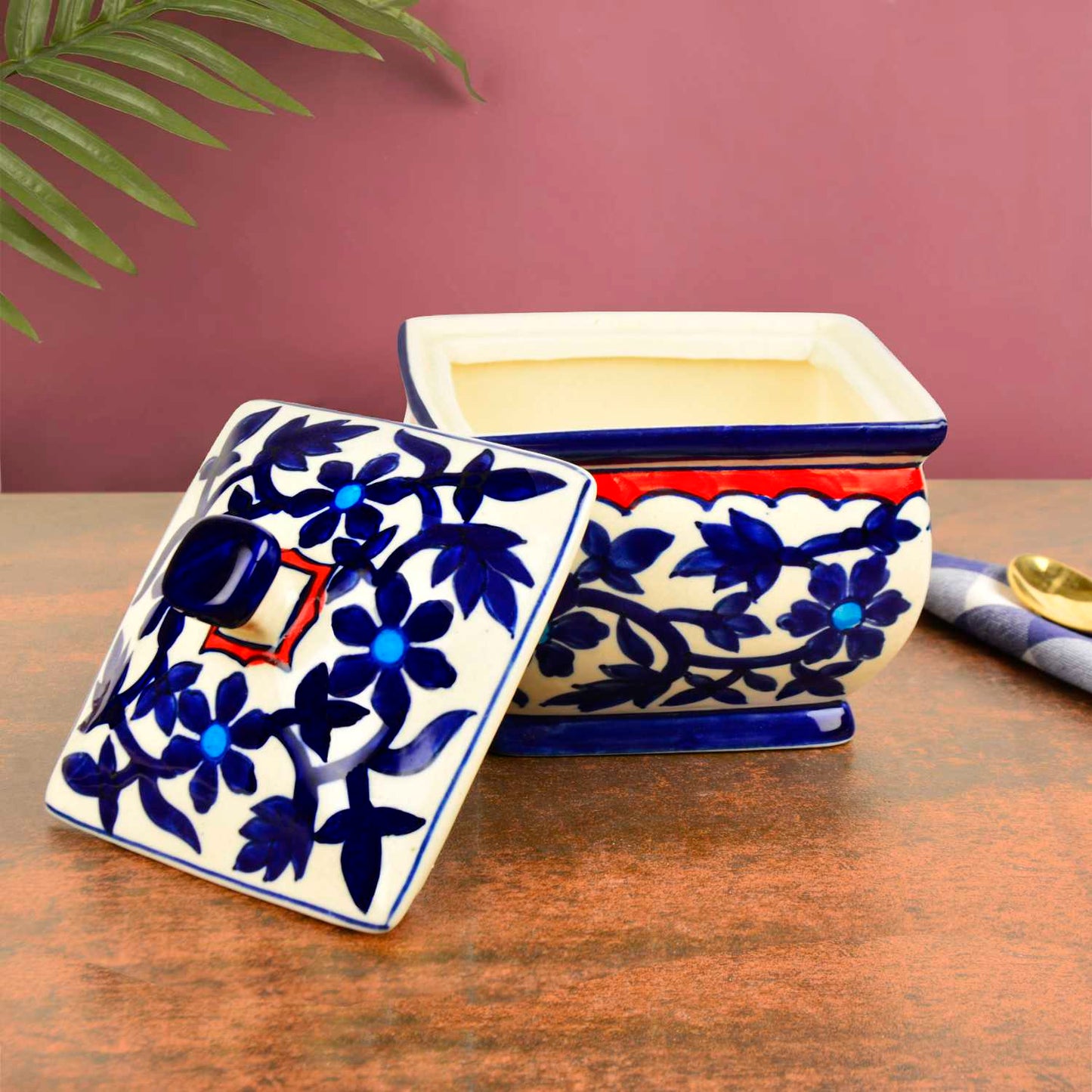 Hand Painted Ceramic Serving Donga with Lid (1200 ml, Blue Mughal Painting) - View 2