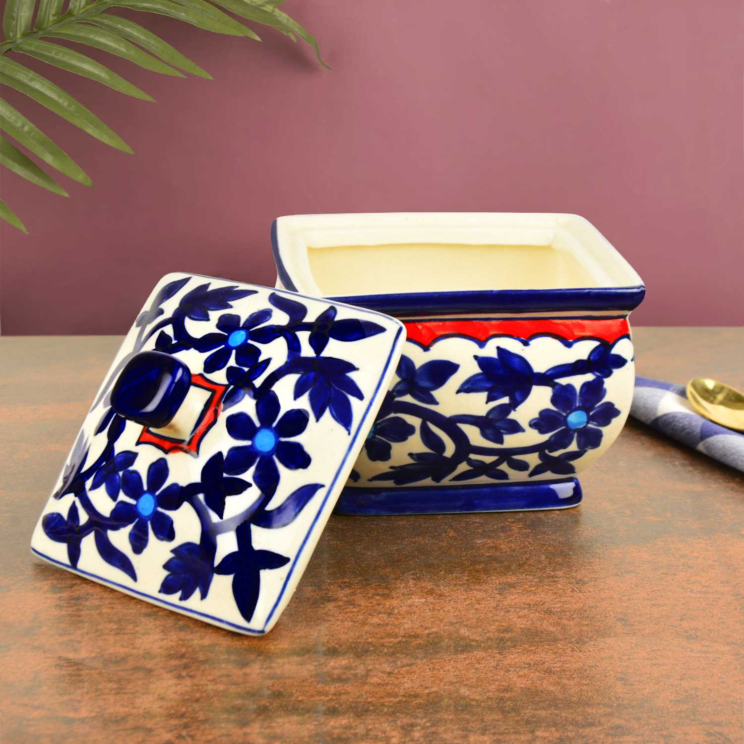 Hand Painted Ceramic Serving Donga with Lid (1200 ml, Blue Mughal Painting) - View 2