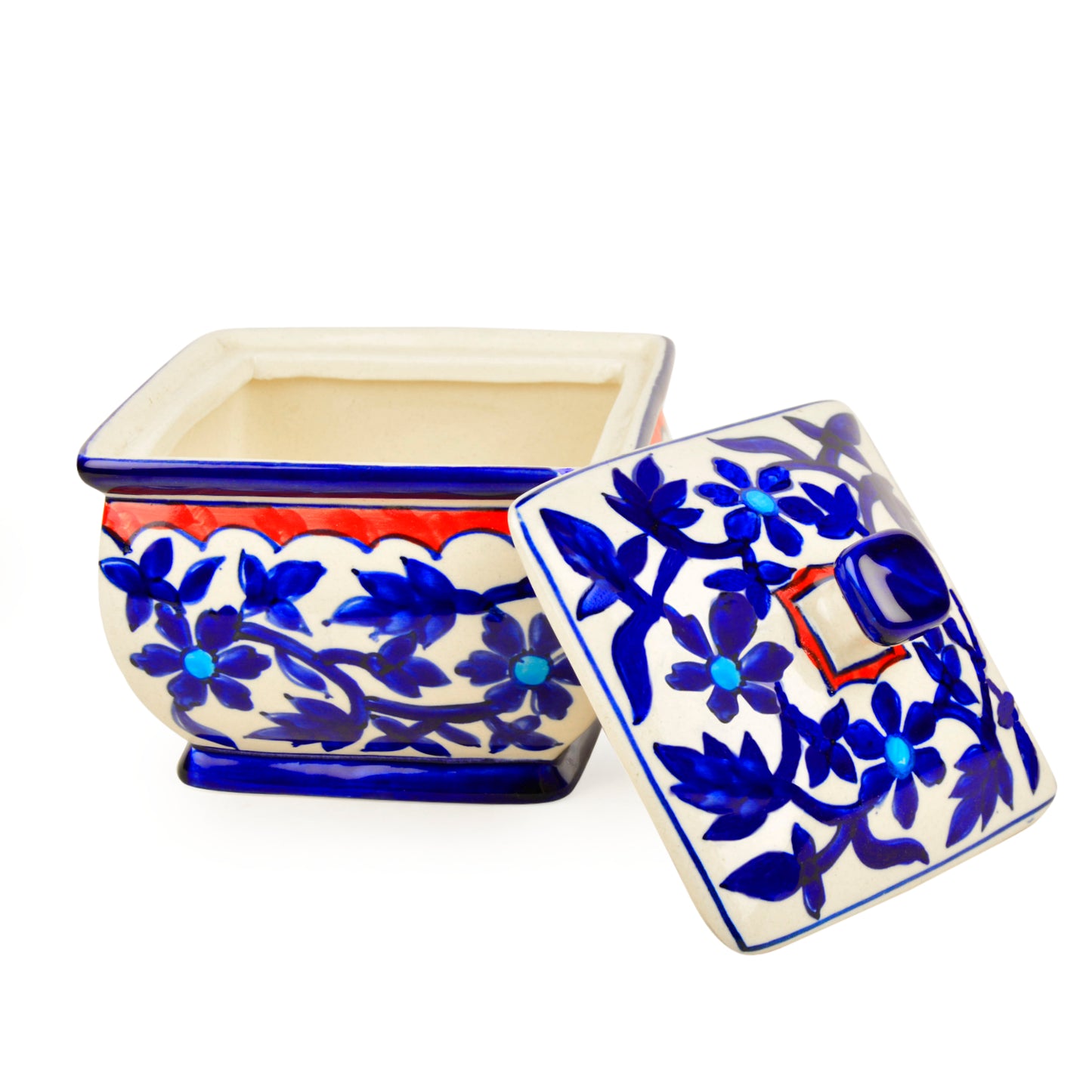 Hand Painted Ceramic Serving Donga with Lid (1200 ml, Blue Mughal Painting) - View 3