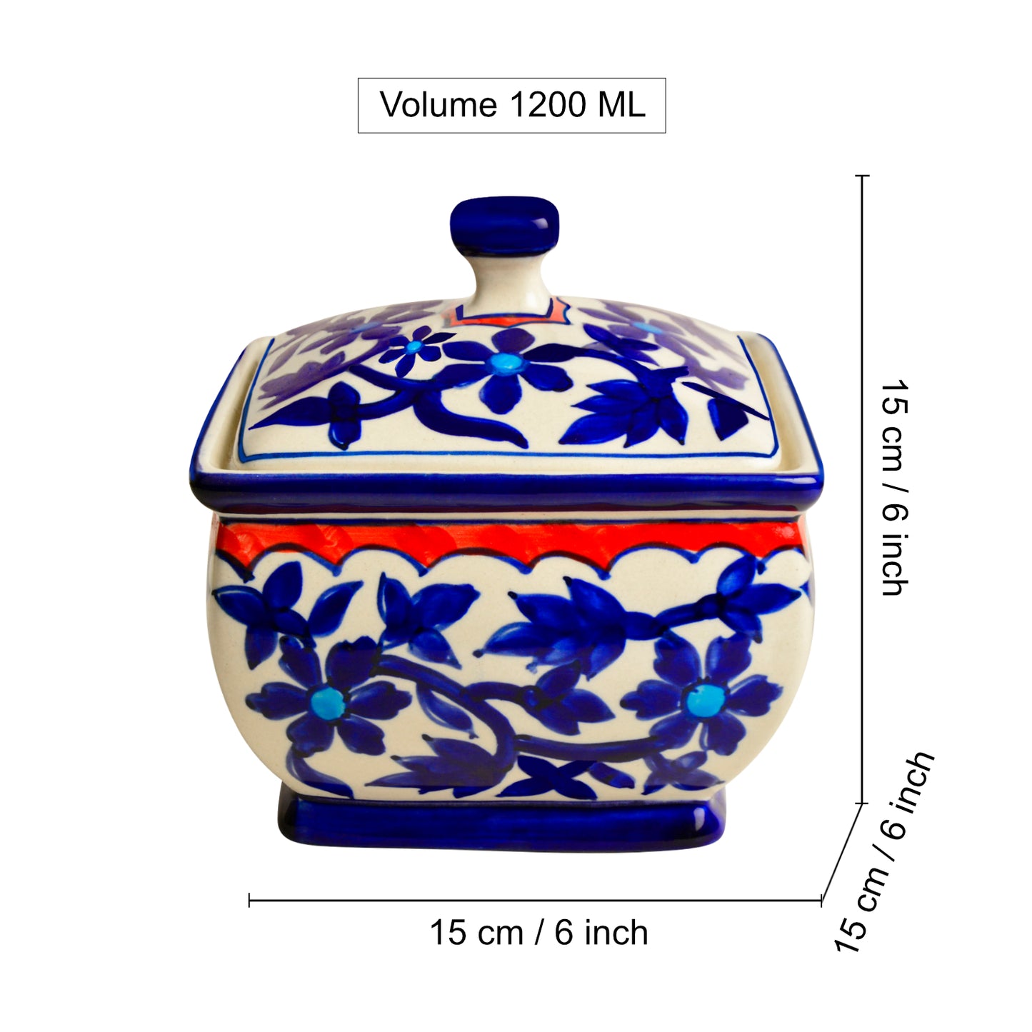 Hand Painted Ceramic Serving Donga with Lid (1200 ml, Blue Mughal Painting) - View 4
