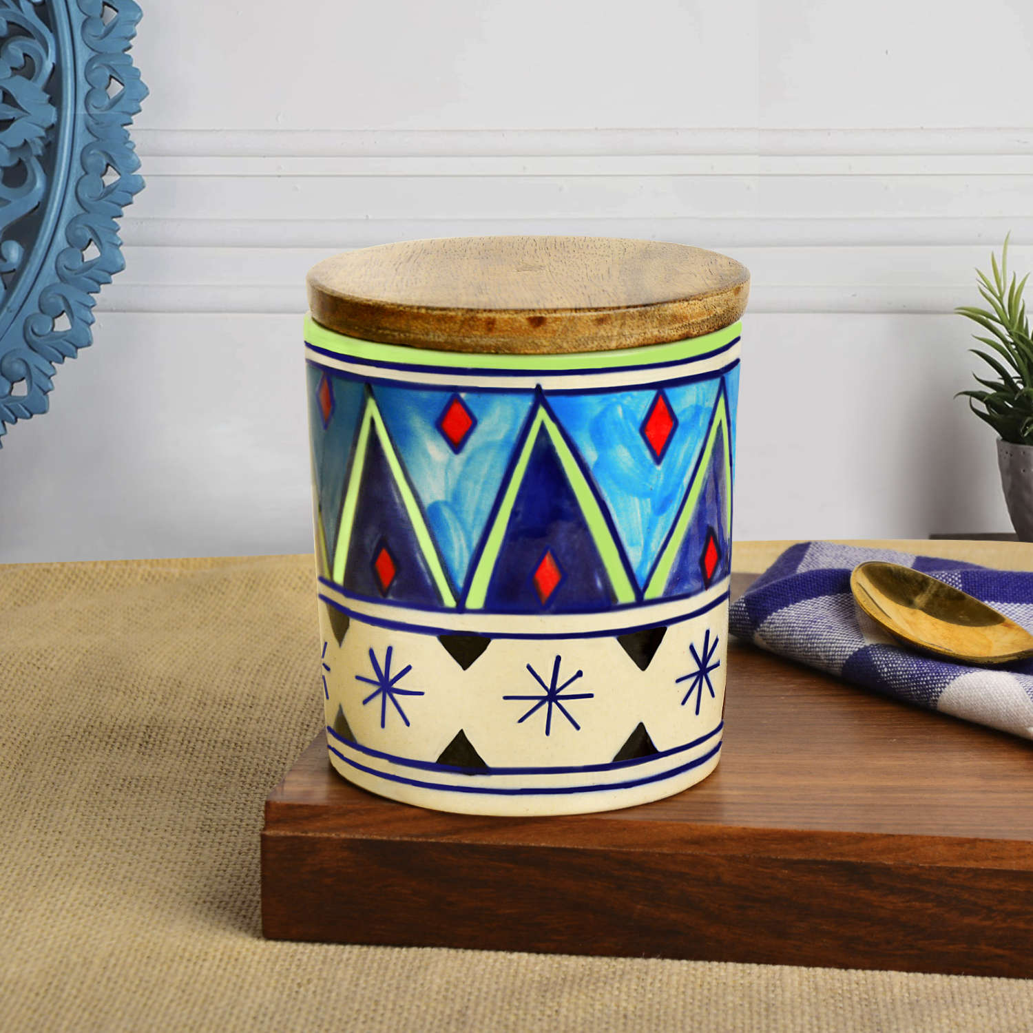 Handpainted Multi Utility Storage Ceramic Airtight Jar with Sheesham Wooden Lid (300 ml, Multicolor)