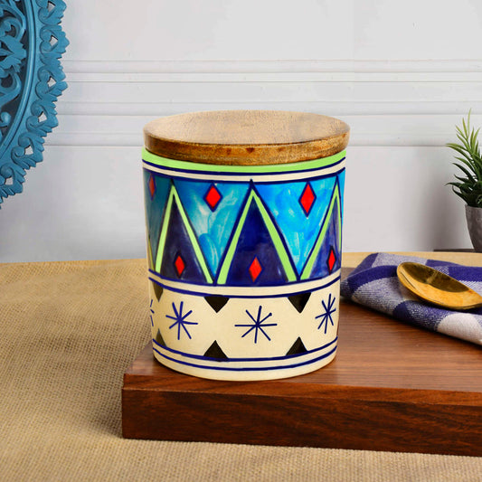 Handpainted Multi Utility Storage Ceramic Airtight Jar with Sheesham Wooden Lid (300 ml, Multicolor)