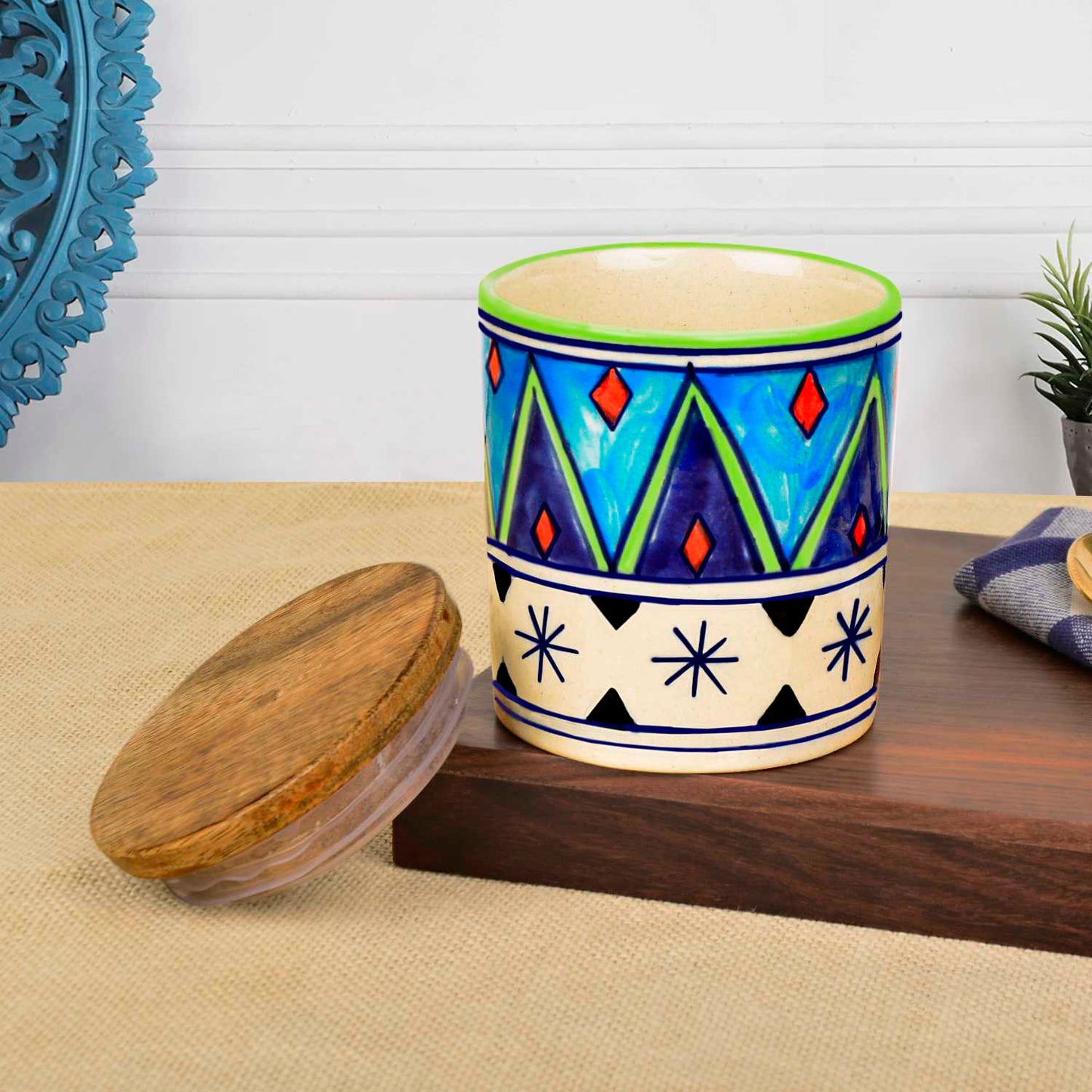 Handpainted Multi Utility Storage Ceramic Airtight Jar with Sheesham Wooden Lid (300 ml, Multicolor) - View 3