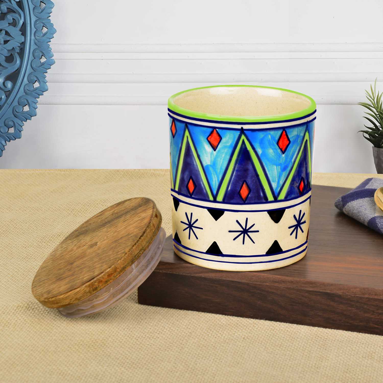 Handpainted Multi Utility Storage Ceramic Airtight Jar with Sheesham Wooden Lid (300 ml, Multicolor) - View 3