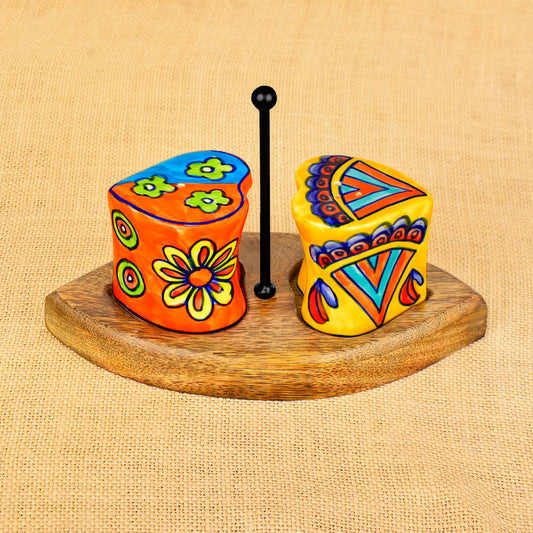 Handpainted Floral Ceramic Salt and Pepper Shaker with Stand