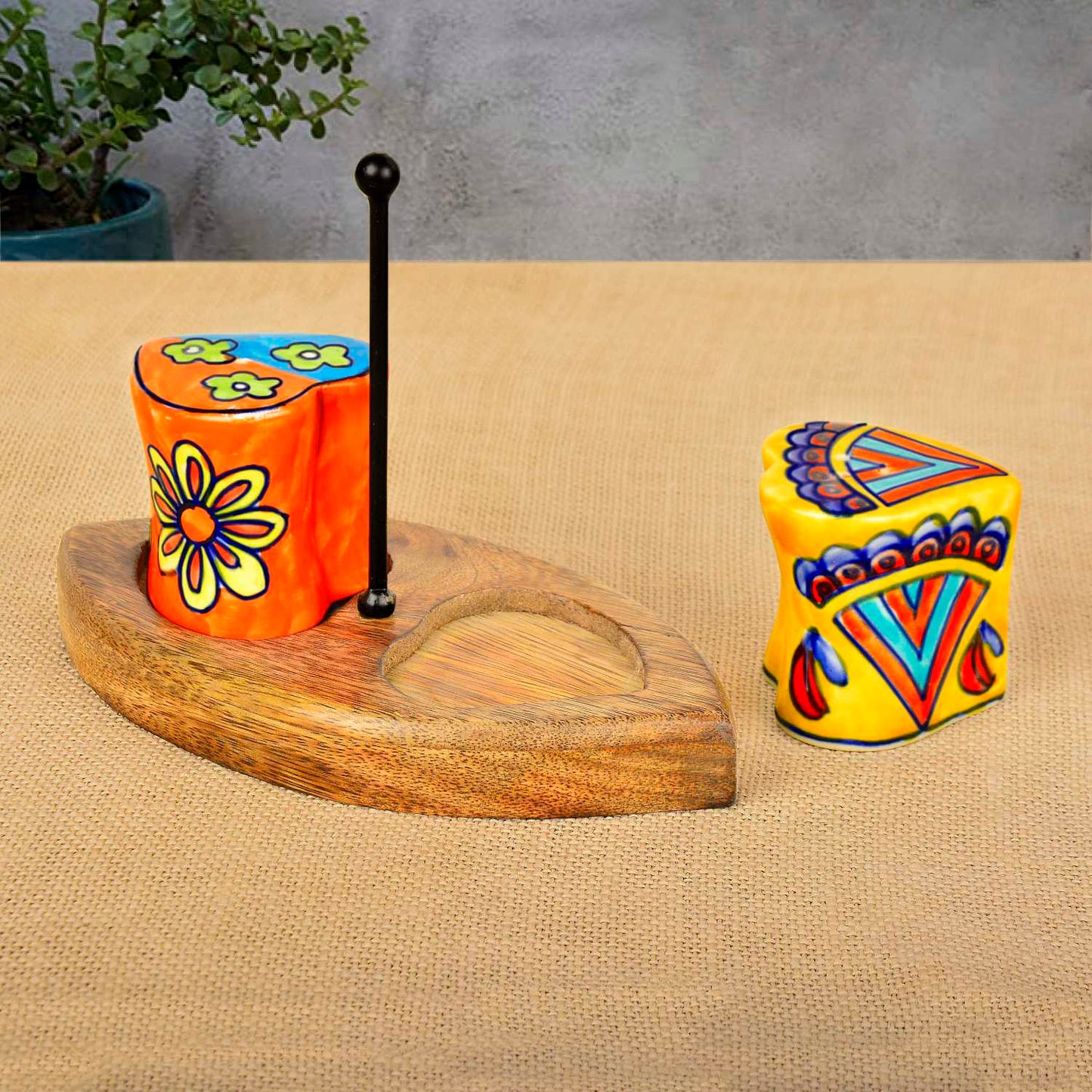 Handpainted Floral Ceramic Salt and Pepper Shaker with Stand - View 3
