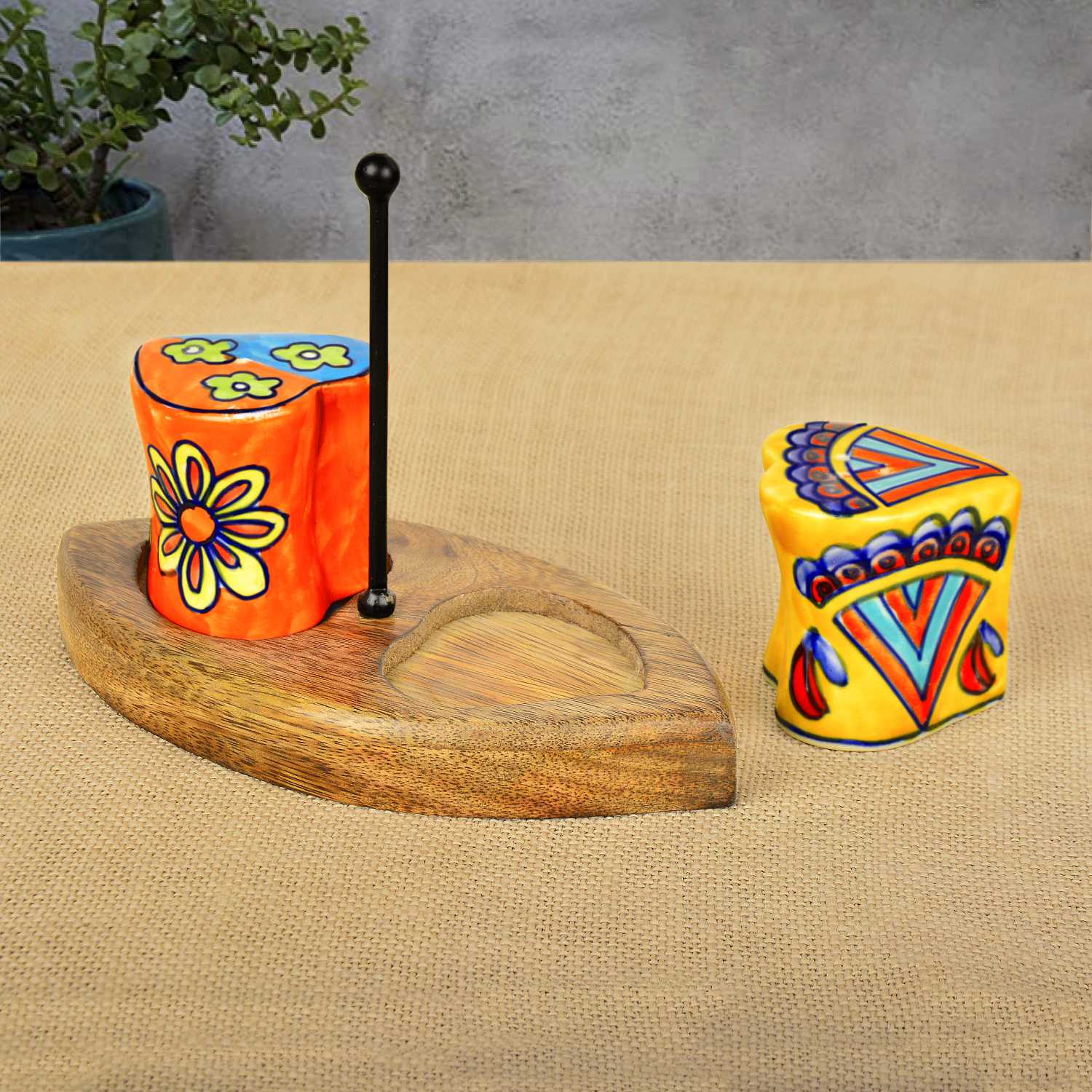 Handpainted Floral Ceramic Salt and Pepper Shaker with Stand - View 3