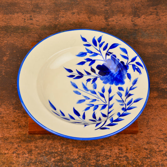 Handpainted Premium Ceramic Floral Deep Pasta Plate (Diameter – 9.5 inches, Blue & Off White)
