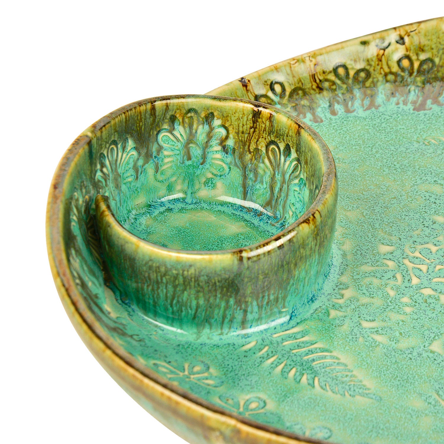 Luxurious Hand Embossed Ceramic Chip and Dip Platter with Fixed Dip Bowl ( Turquoise Green , 11 inches , 1300 gm) - View 3