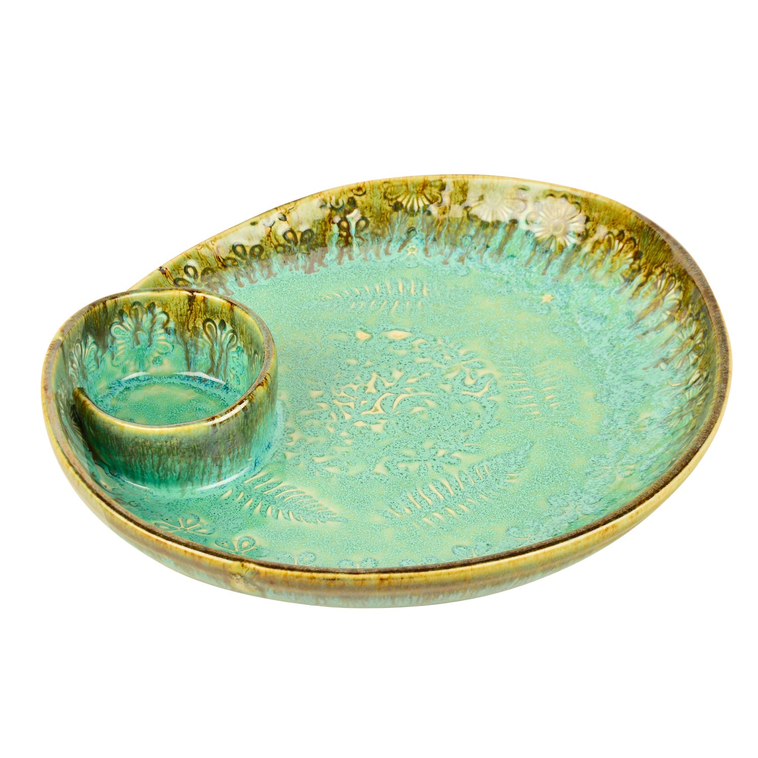 Luxurious Hand Embossed Ceramic Chip and Dip Platter with Fixed Dip Bowl ( Turquoise Green , 11 inches , 1300 gm) - View 4