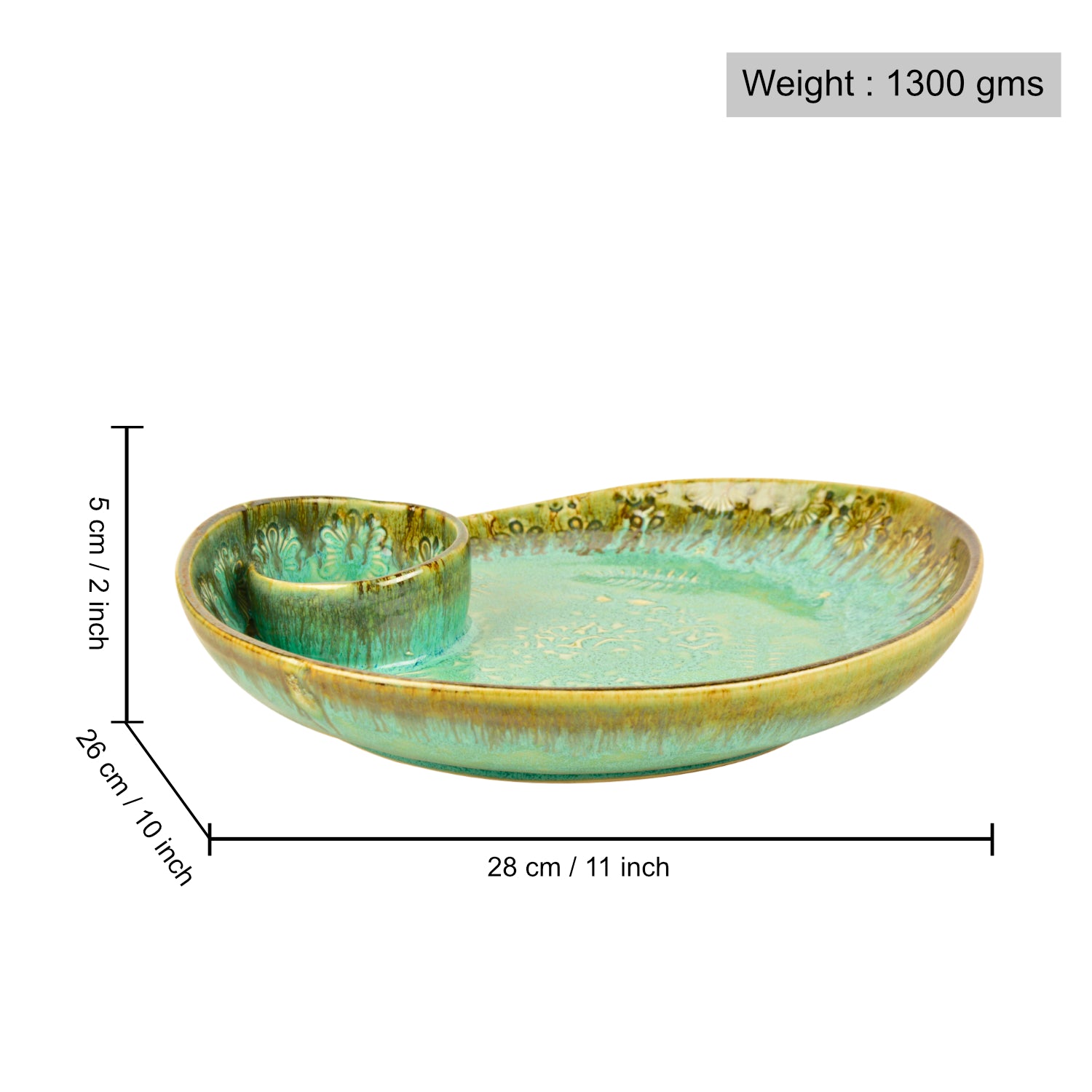 Luxurious Hand Embossed Ceramic Chip and Dip Platter with Fixed Dip Bowl ( Turquoise Green , 11 inches , 1300 gm) - View 2