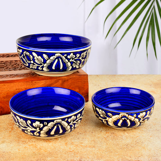 Studio Pottery Handpainted Dinner Serving Bowl Set (Set of 3 , Blue & White, Mughal Floral Painting)