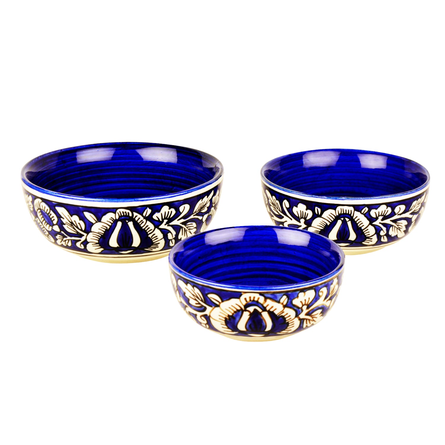 Studio Pottery Handpainted Dinner Serving Bowl Set (Set of 3 , Blue & White, Mughal Floral Painting) - View 3