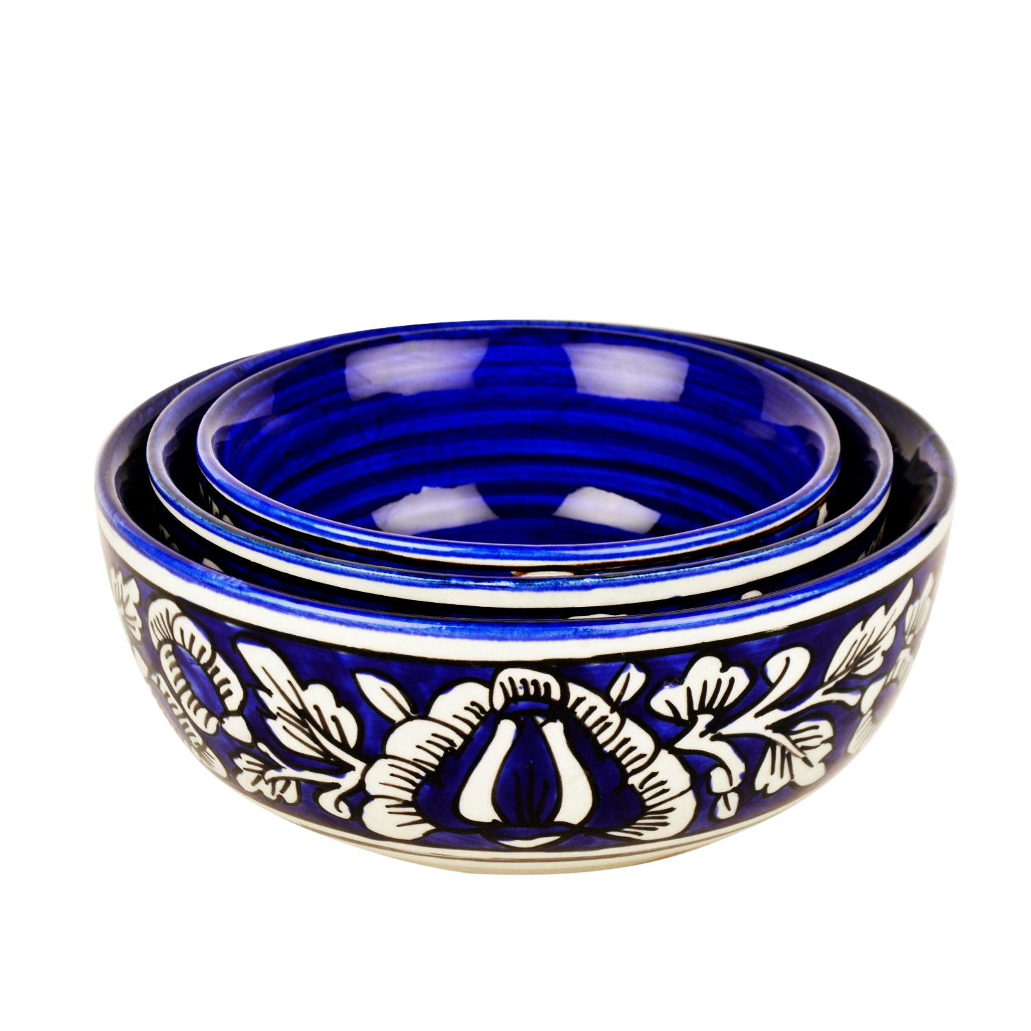 Studio Pottery Handpainted Dinner Serving Bowl Set (Set of 3 , Blue & White, Mughal Floral Painting) - View 4