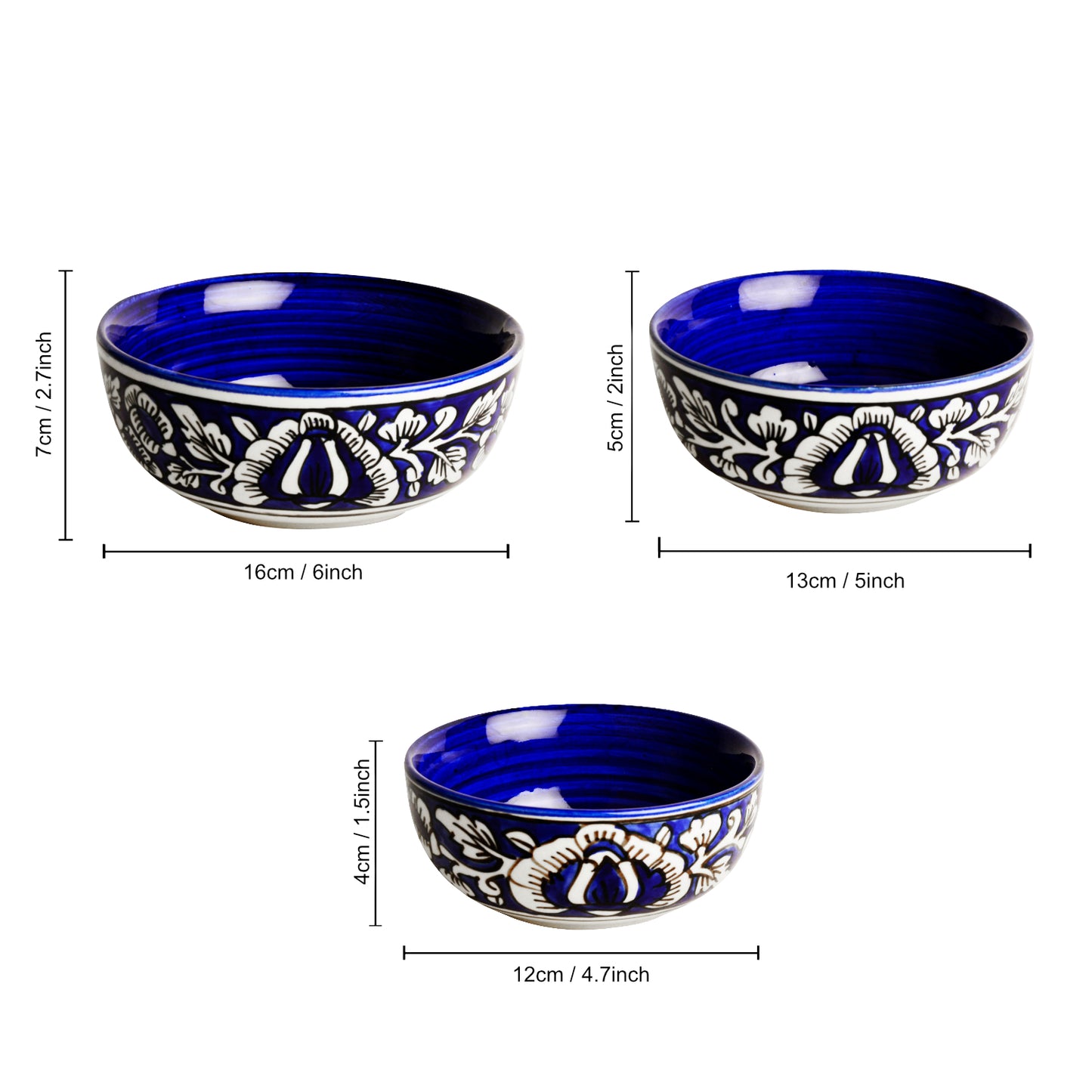 Studio Pottery Handpainted Dinner Serving Bowl Set (Set of 3 , Blue & White, Mughal Floral Painting) - View 2