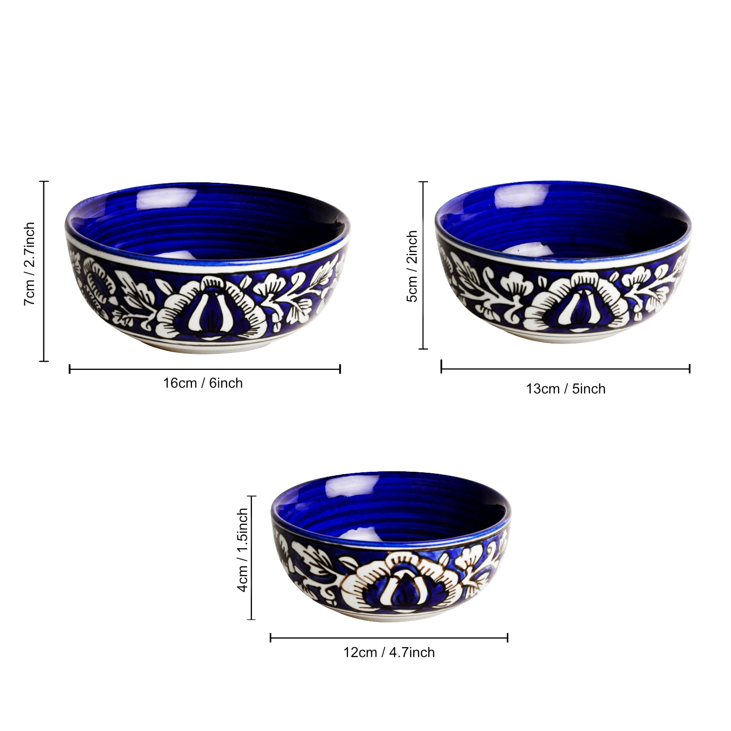 Studio Pottery Handpainted Dinner Serving Bowl Set (Set of 3 , Blue & White, Mughal Floral Painting) - View 2