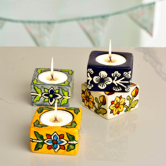 Hand Painted Ceramic Tea Light Holder for Home Decoration (Multicolor ,Set of 4)