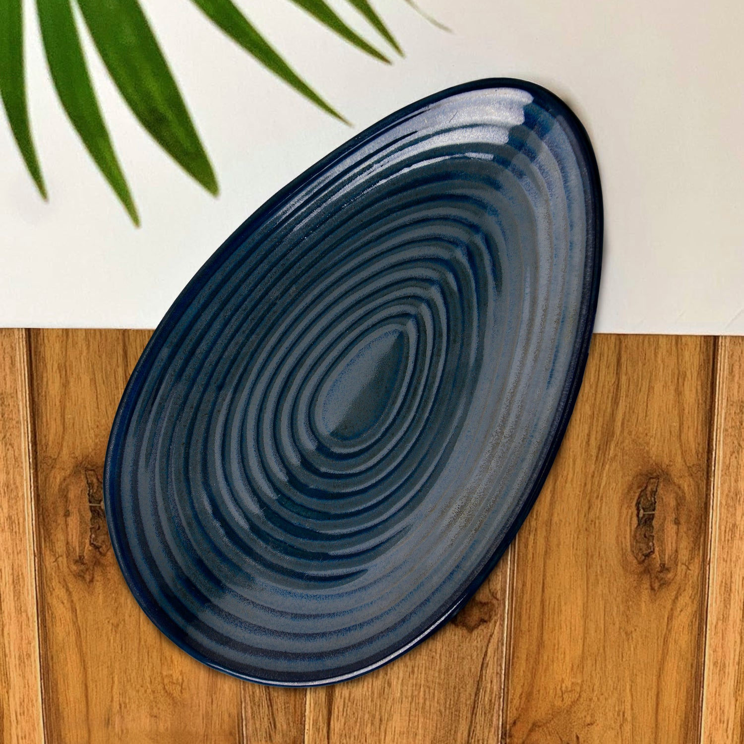 Premium Hand Glazed Oval Shaped Ceramic Platter (Botz Blue with Grey Speckle, 10.5 inches, 490 gm)