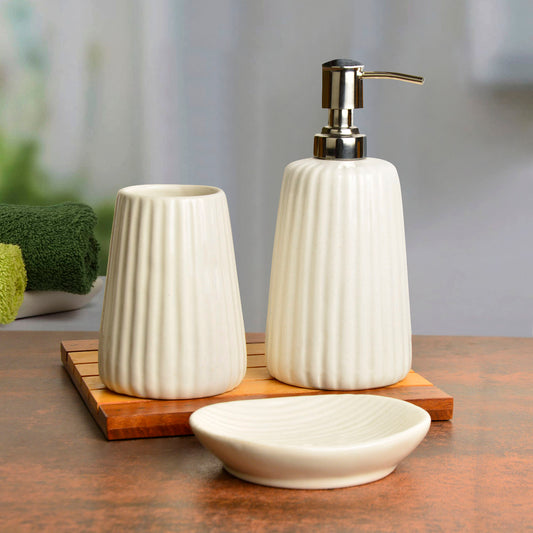 Ceramic Bathroom Set in Pristine White (White, 1 Liquid Soap Dispenser, 1 Soap Tray, 1 Toothbrush Holder)