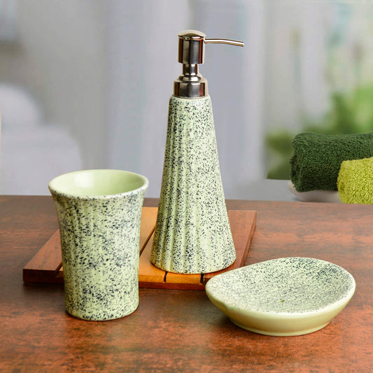 Ceramic Bathroom Set in Speckled Design (Green & Black, 1 Liquid Soap Dispenser, 1 Soap Tray, 1 Toothbrush Holder)