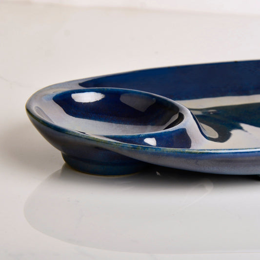 Premium Hand Glazed Ceramic Chip and Dip Platter with Fixed Dip Bowl (Botz Blue, L x B - 28 x 14 cm, 550 gm) - View 2