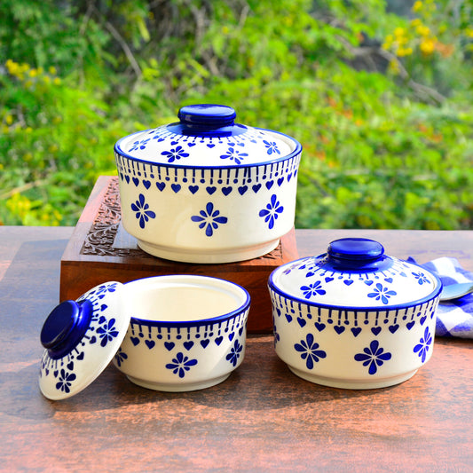 Hand Painted Ceramic Serving Donga with Lid (Set of 3, Blue , 900 ml, 500 ml, 300 ml)