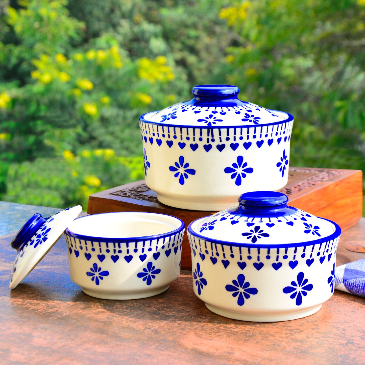 Hand Painted Ceramic Serving Donga with Lid (Set of 3, Blue , 900 ml, 500 ml, 300 ml) - View 3