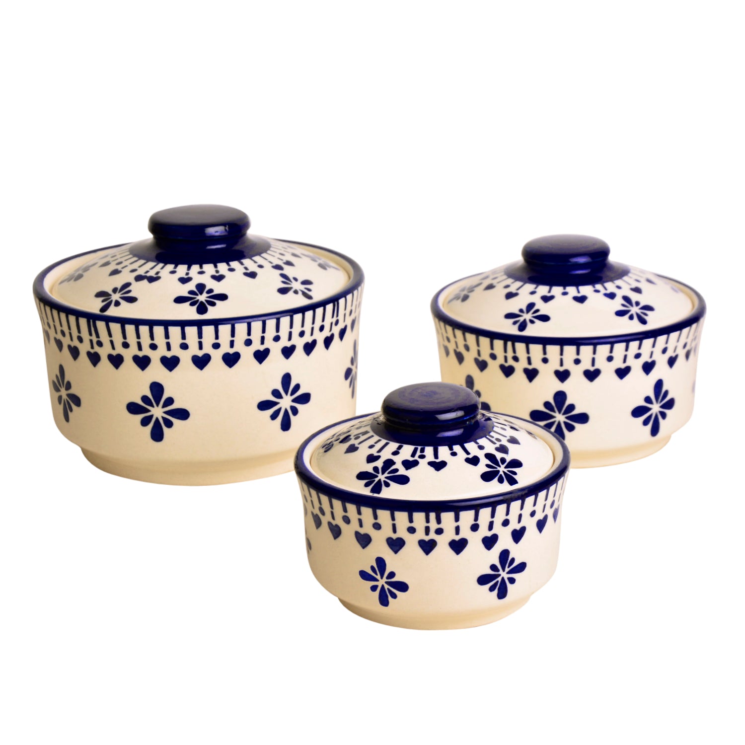 Hand Painted Ceramic Serving Donga with Lid (Set of 3, Blue , 900 ml, 500 ml, 300 ml) - View 4