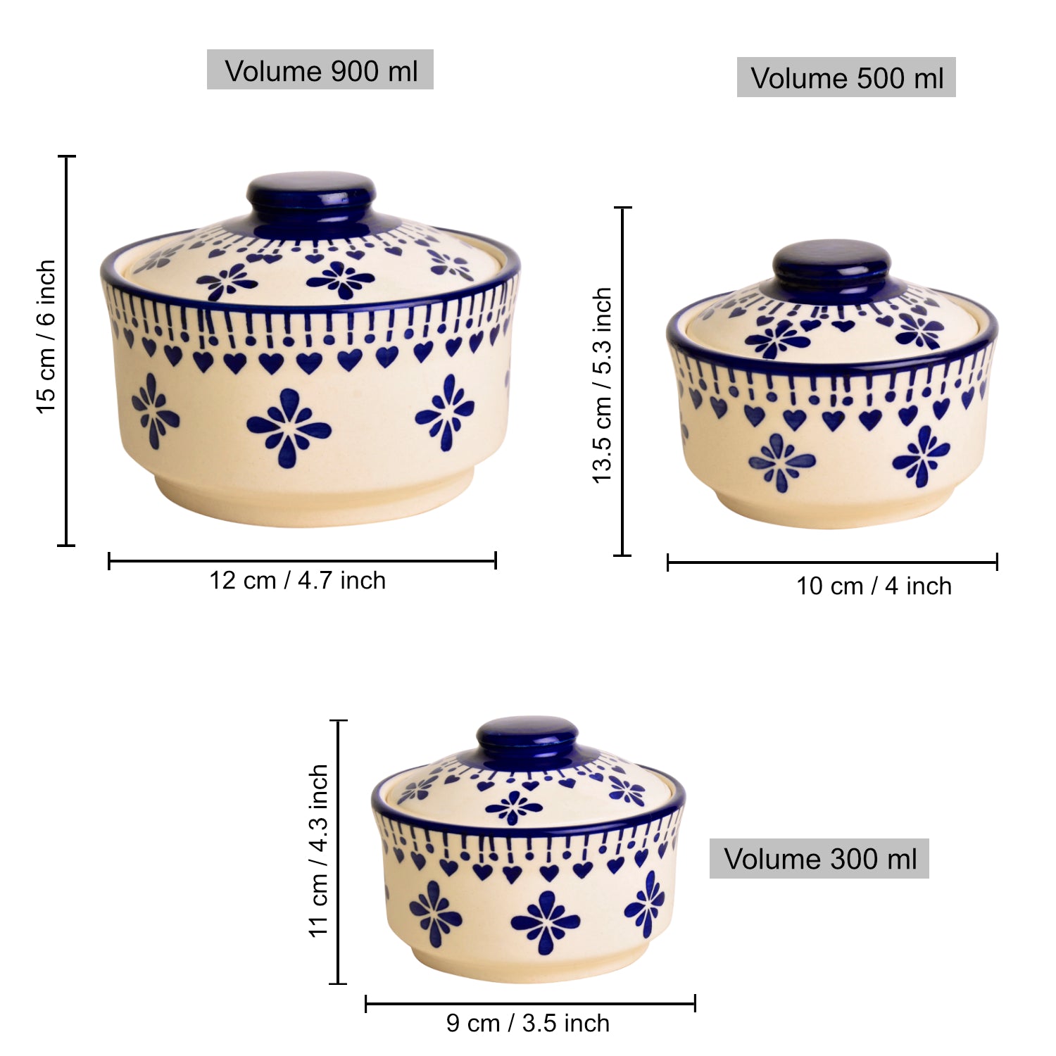 Hand Painted Ceramic Serving Donga with Lid (Set of 3, Blue , 900 ml, 500 ml, 300 ml) - View 2