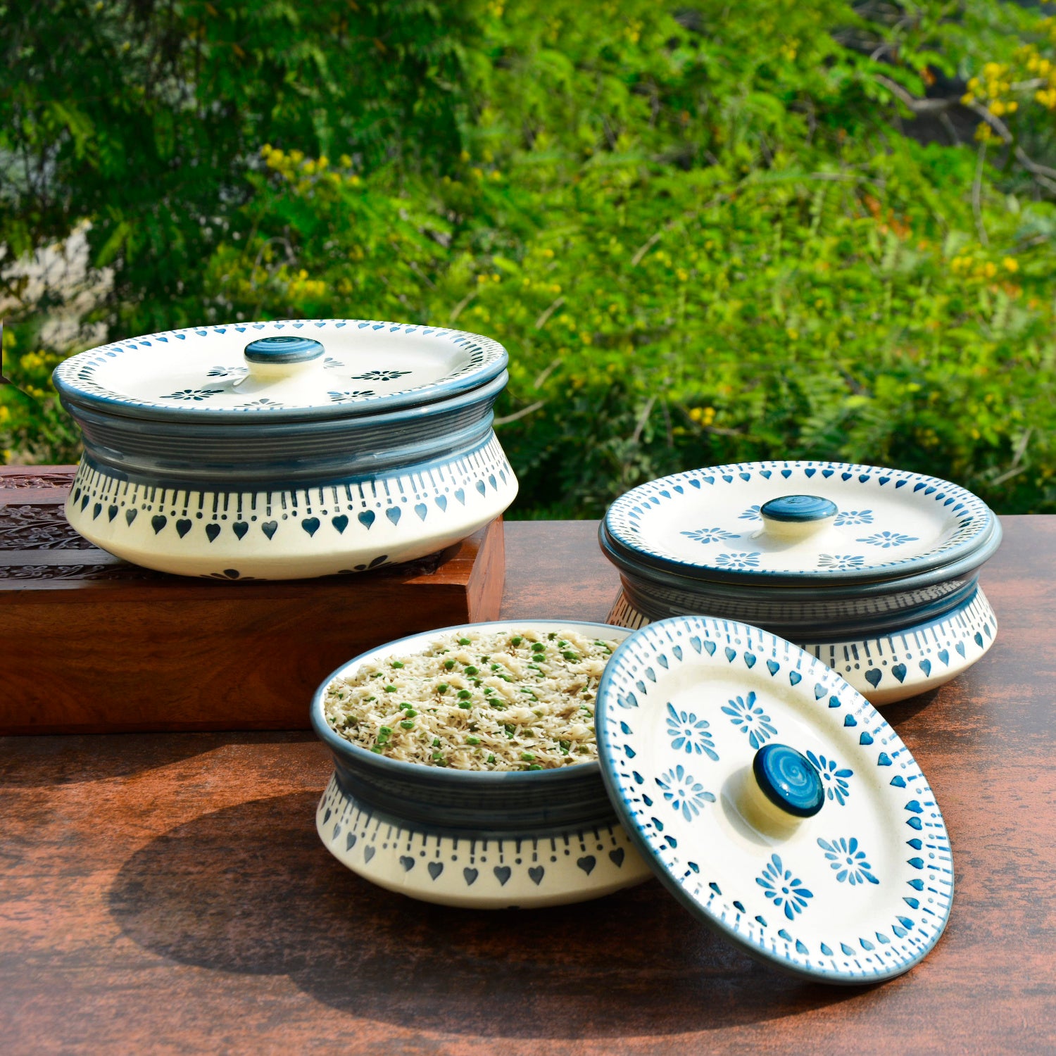 Hand Painted Ceramic Handi with Lid (Set of 3, 1500 ml, 1000 ml and 700 ml, Grey ) - View 3