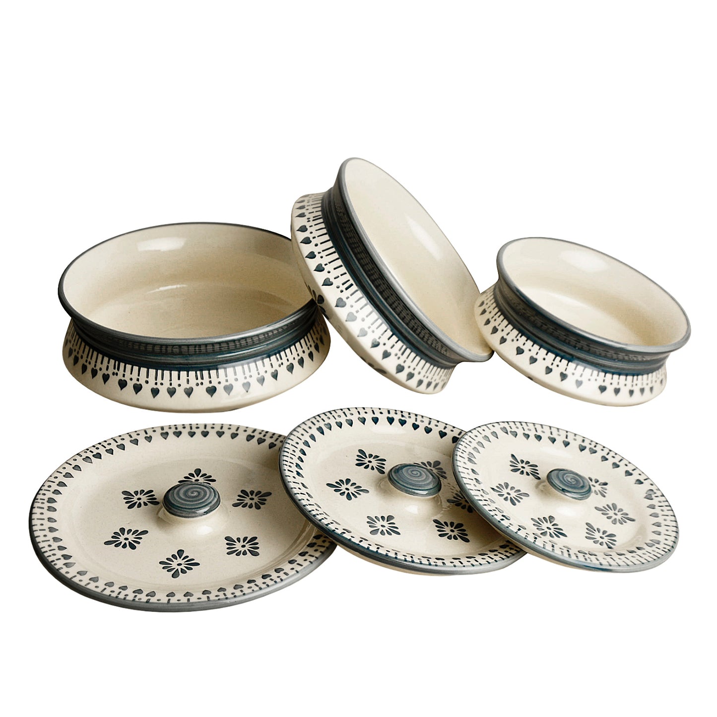 Hand Painted Ceramic Handi with Lid (Set of 3, 1500 ml, 1000 ml and 700 ml, Grey ) - View 4