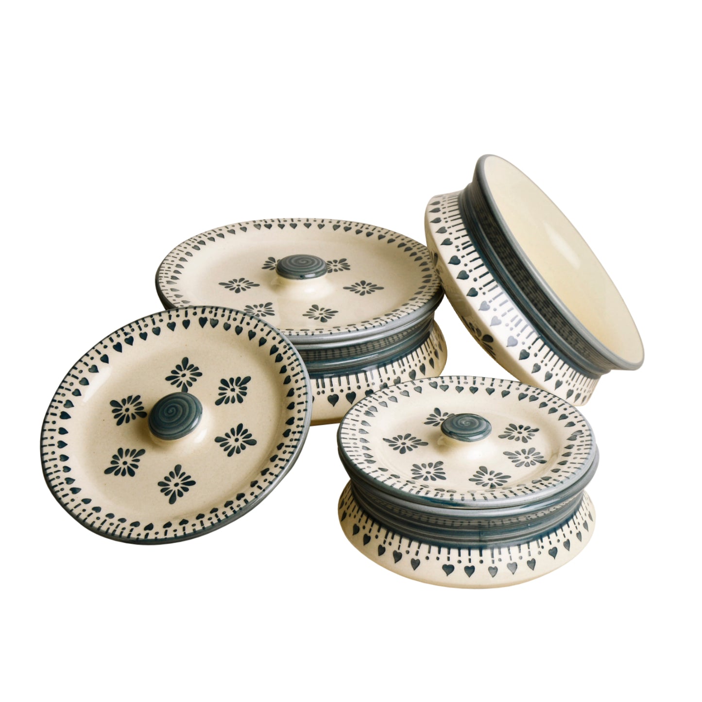 Hand Painted Ceramic Handi with Lid (Set of 3, 1500 ml, 1000 ml and 700 ml, Grey ) - View 5