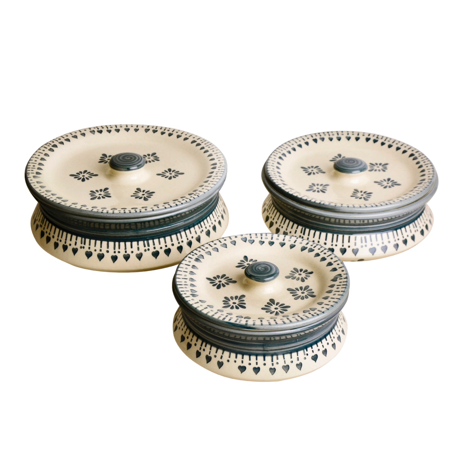 Hand Painted Ceramic Handi with Lid (Set of 3, 1500 ml, 1000 ml and 700 ml, Grey ) - View 6